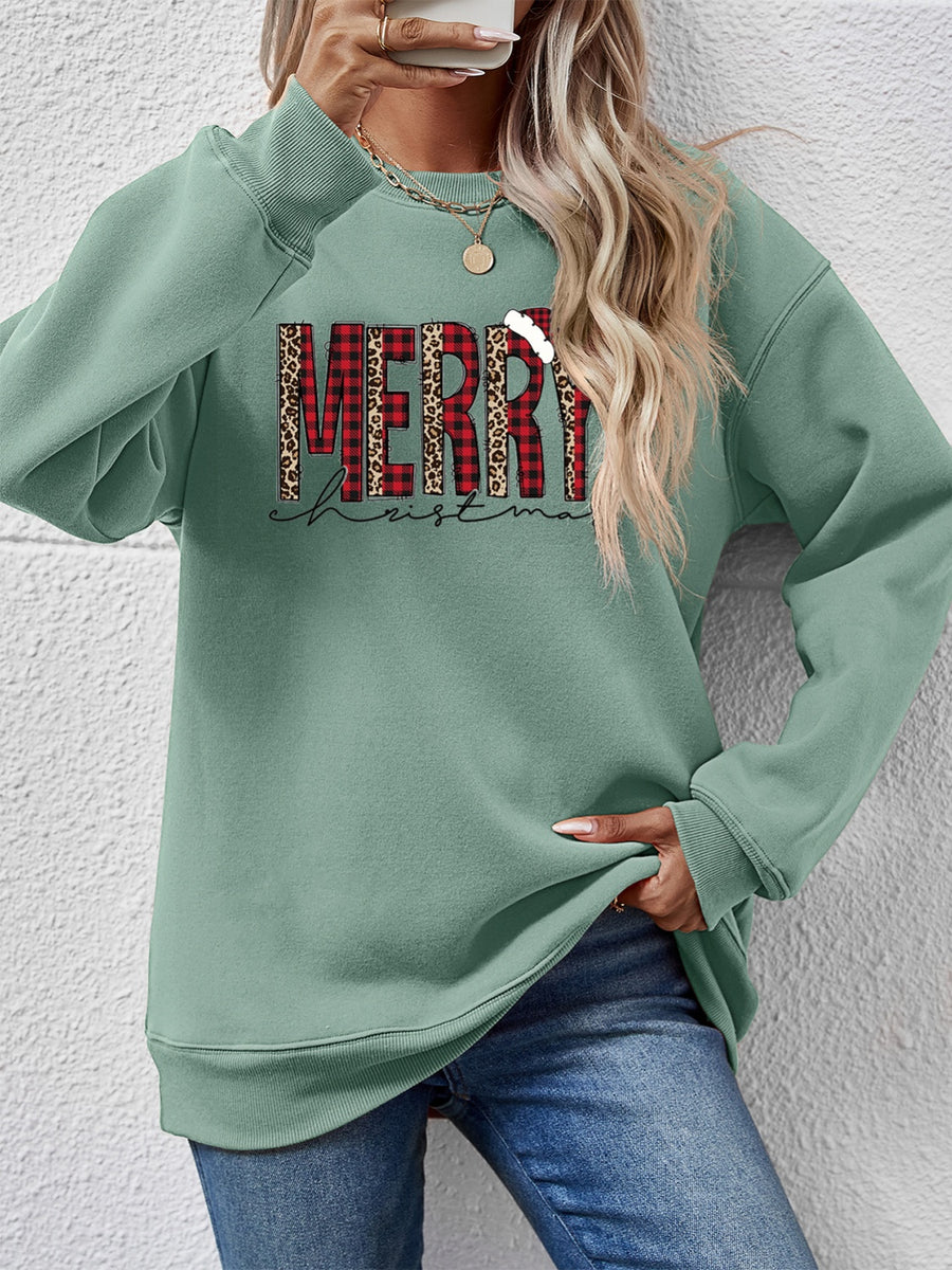 MERRY CHRISTMAS Round Neck Long Sleeve Sweatshirt Sage