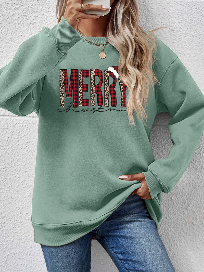 MERRY CHRISTMAS Round Neck Long Sleeve Sweatshirt Sage