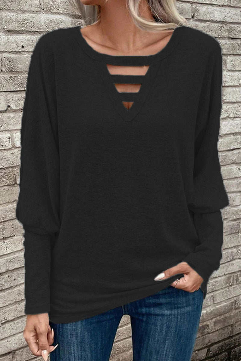 Cutout Round Neck Long Sleeve T-Shirt Black