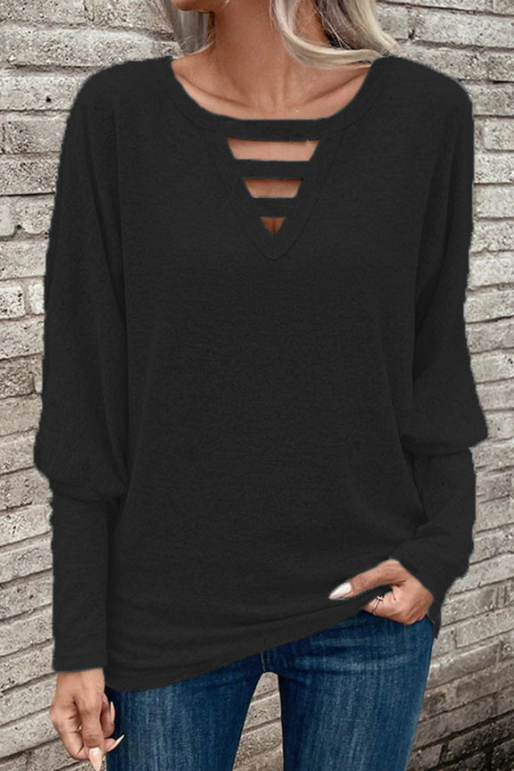 Cutout Round Neck Long Sleeve T-Shirt Black