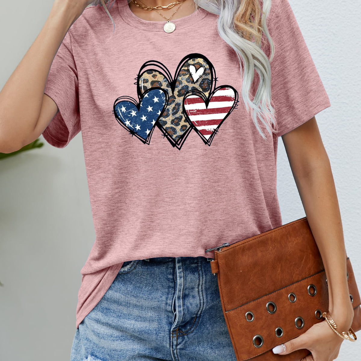 US Flag Leopard Heart Graphic Tee Blush Pink