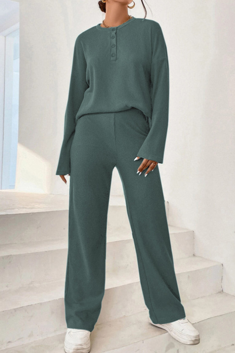 Ribbed Half Button Top and Pants Set Dark Green