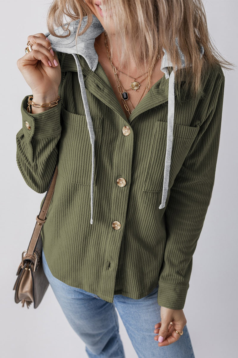 Drawstring Button Up Long Sleeve Hooded Jacket Moss