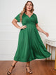 Plus Size Short Sleeve Surplice Neck Midi Dress Dark Green