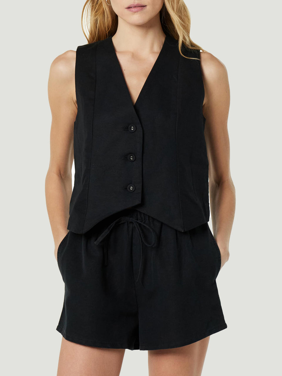 Button Up V-Neck Top and Pocketed Shorts Set Black