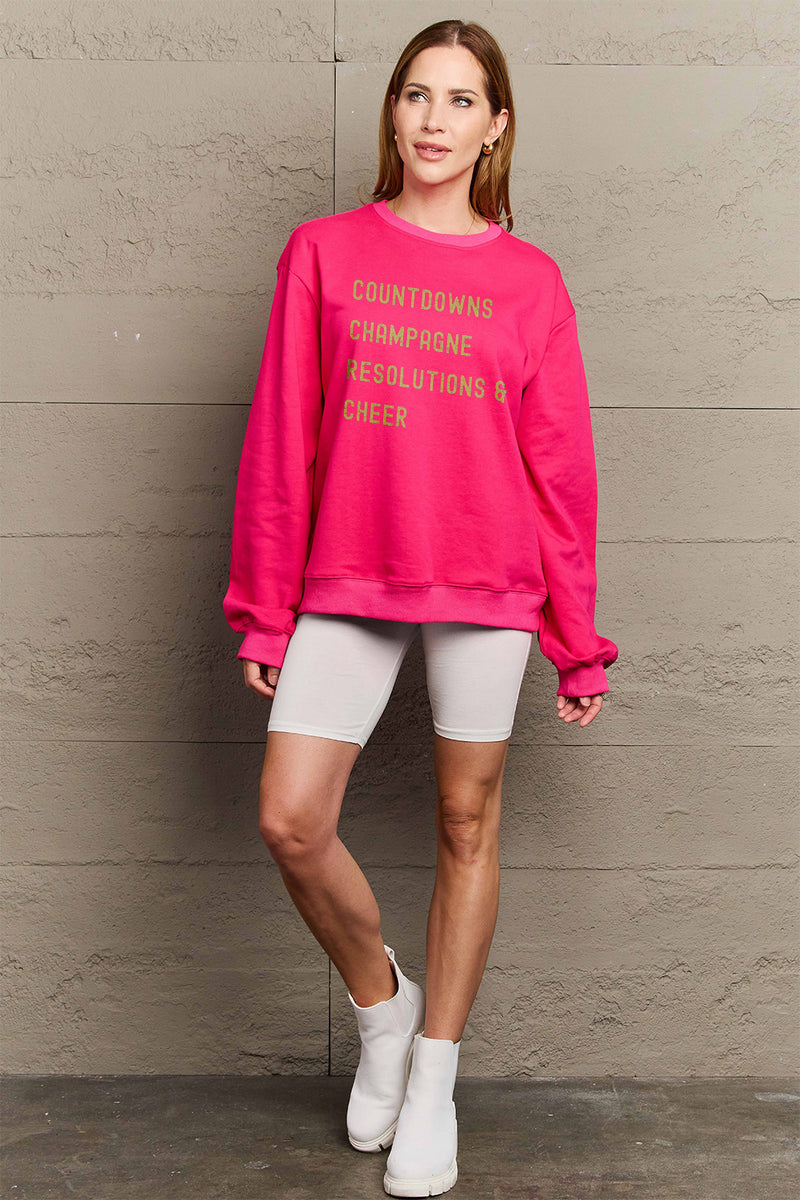 Simply Love Full Size COUNTDOWNS CHAMPAGNE RESOLUTIONS & CHEER Round Neck Sweatshirt