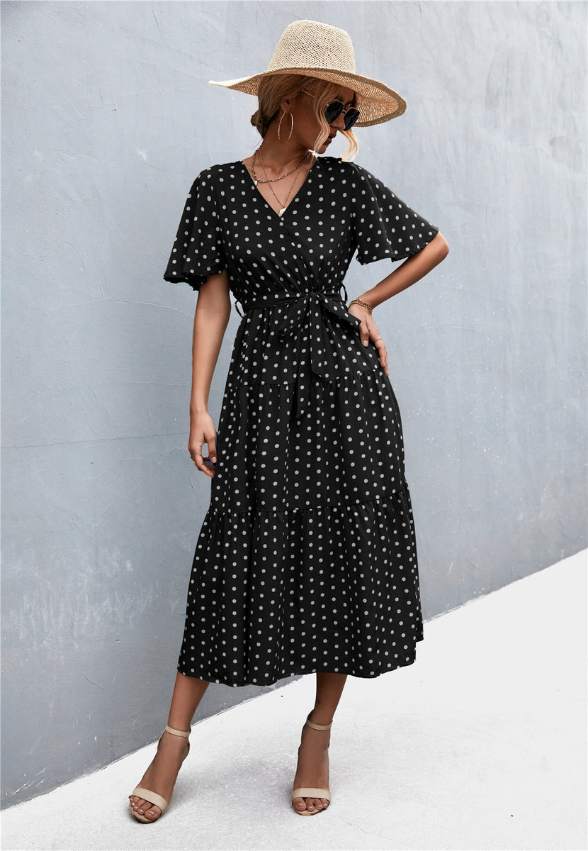 Printed V-Neck Flutter Sleeve Belted Dress Black