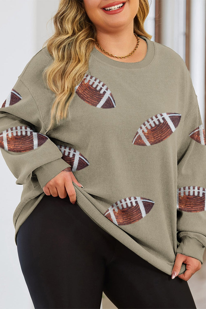Plus Size Sequin Football Dropped Shoulder Sweatshirt Mist Green