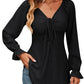 Full Size Drawstring Ruffled V-Neck Long Sleeve Blouse