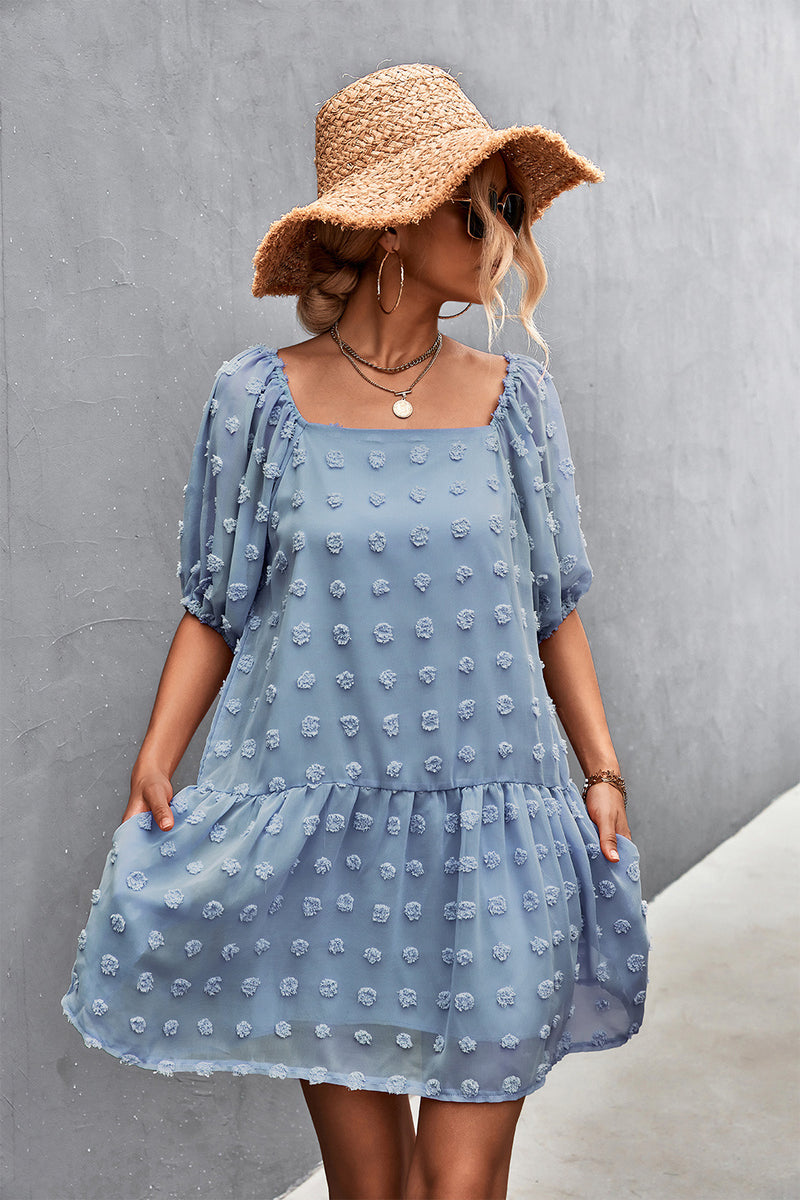 Swiss Dot Square Neck Half Balloon Sleeve Dress Blue
