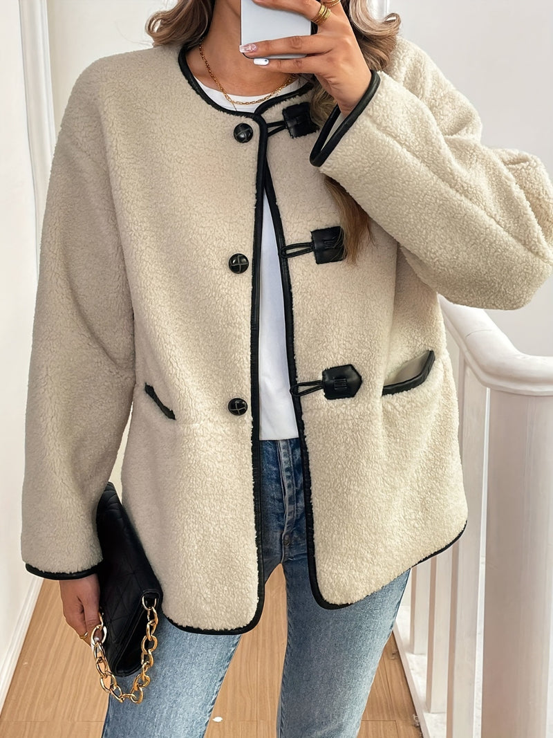 Contrast Trim Drop Shoulder Plush Coat