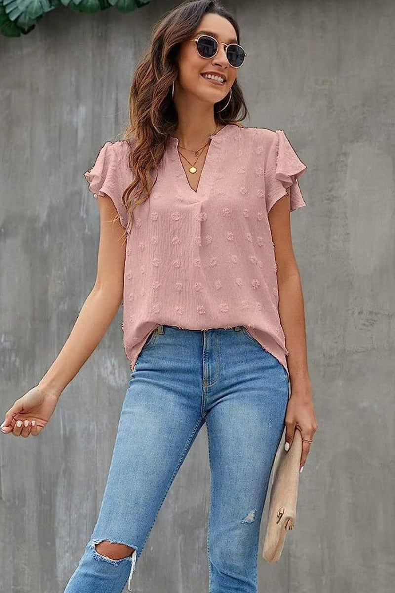 Swiss Dot Notched Cap Sleeve Blouse Dusty Pink