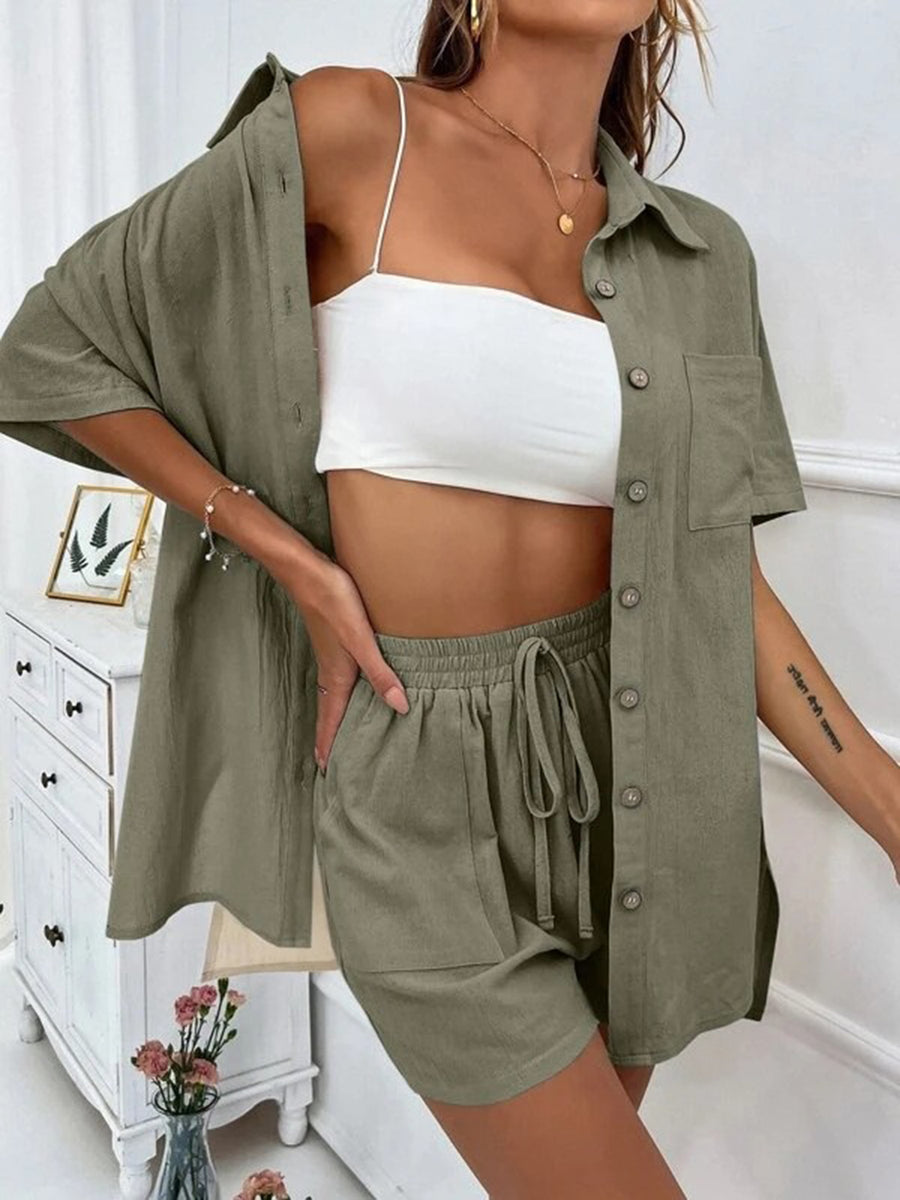 Button Up Shirt and Drawstring Shorts Set Sage