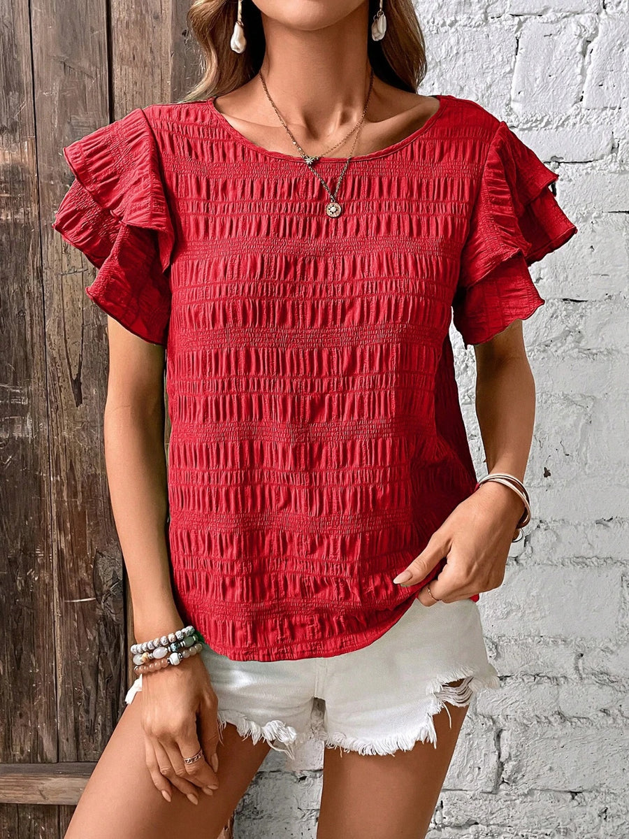 Round Neck Flounce Sleeve Blouse Burgundy