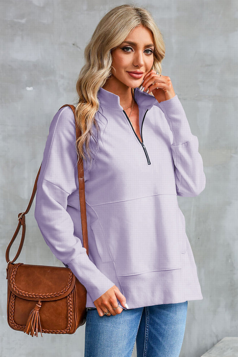Half Zip Pocketed Dropped Shoulder Sweatshirt Lavender