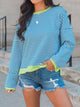 Perfee Striped Round Neck Long Sleeve Sweatshirt Pastel Blue
