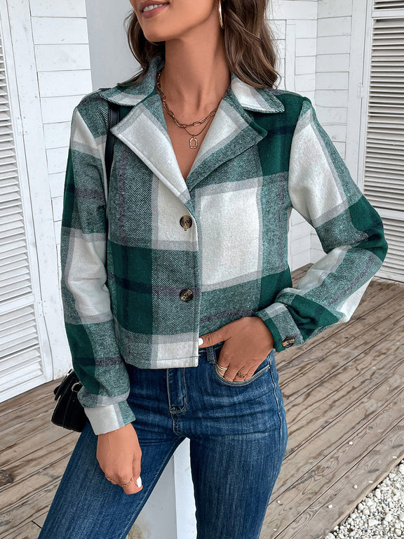 Perfee Plaid Collared Neck Button Up Long Sleeve Jacket Green