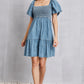 Smocked Square Neck Mini Denim Dress