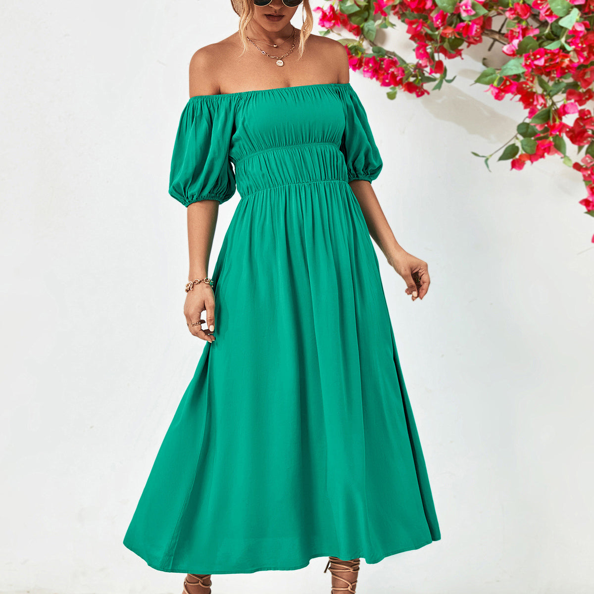 Off-Shoulder Balloon Sleeve Midi Dress