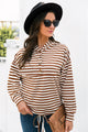 Striped Half-Button Dropped Shoulder Hoodie Chestnut