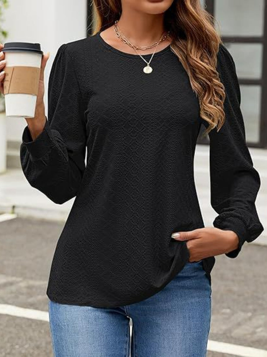 Eyelet Round Neck Long Sleeve Top Black