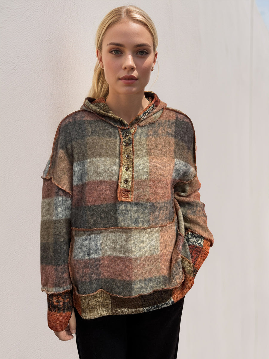 Double Take Full Size Plaid Dropped Shoulder Fleece Hoodie Tangerine