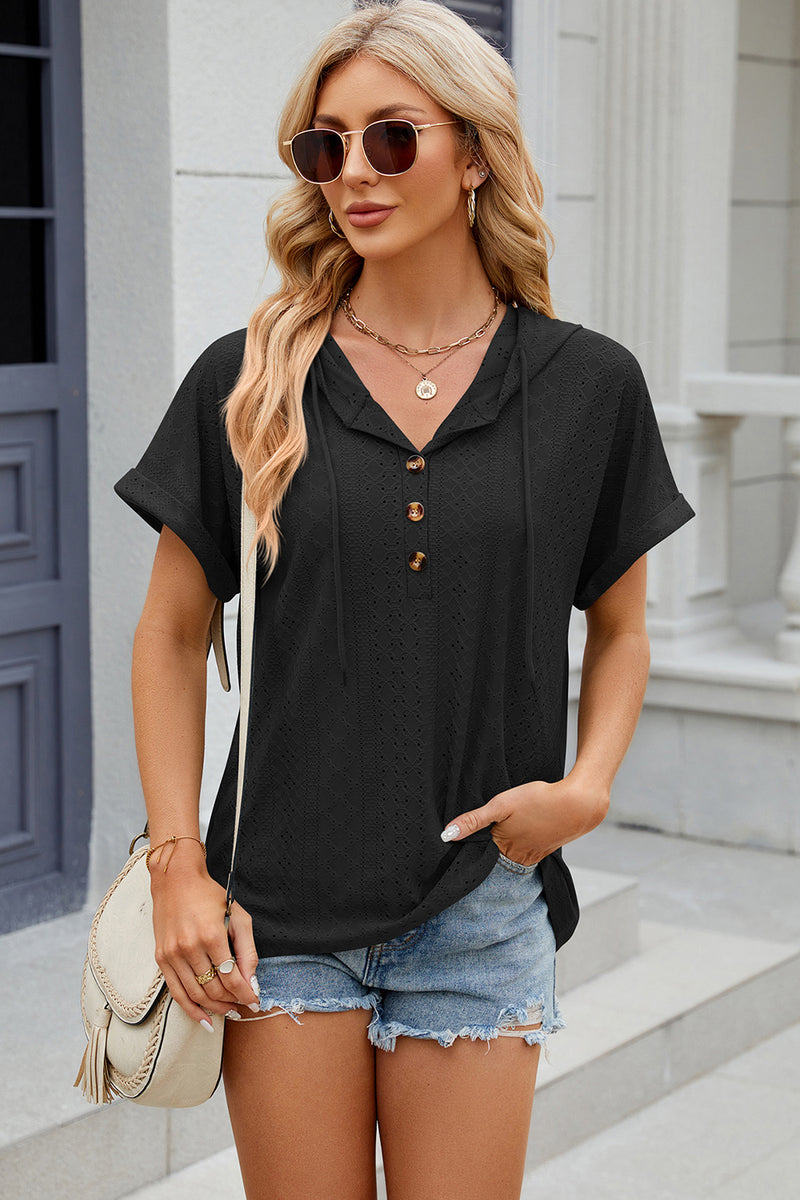 Eyelet Drawstring Hooded Short Sleeve Blouse