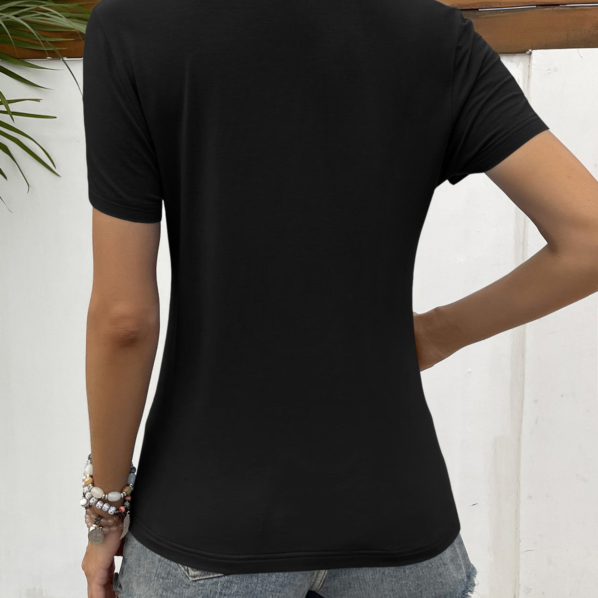 Ivy Lane Lace Trim V-Neck Short Sleeve Blouse