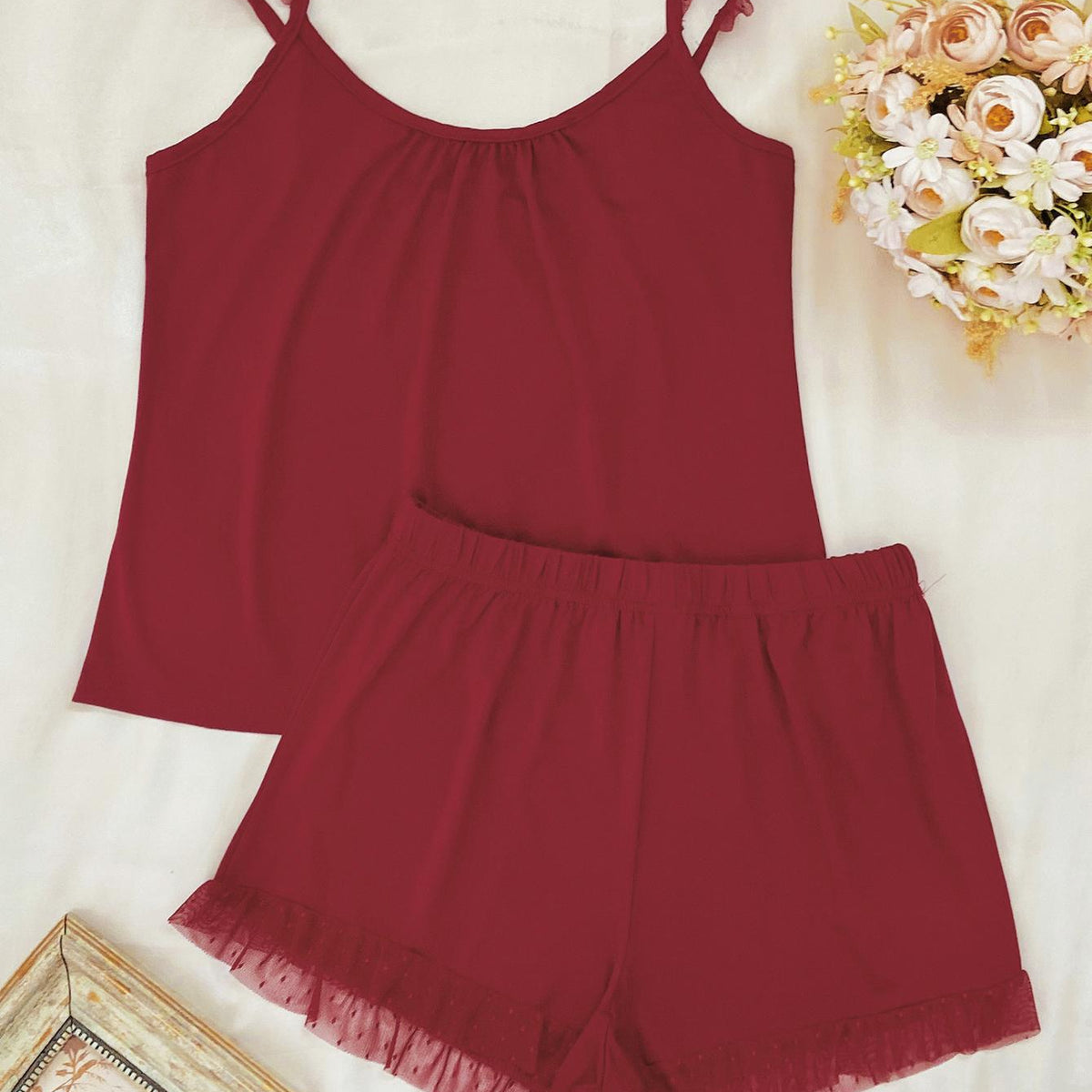 Gathered Detail Spliced Mesh Sleeveless Top and Shorts Lounge Set Red