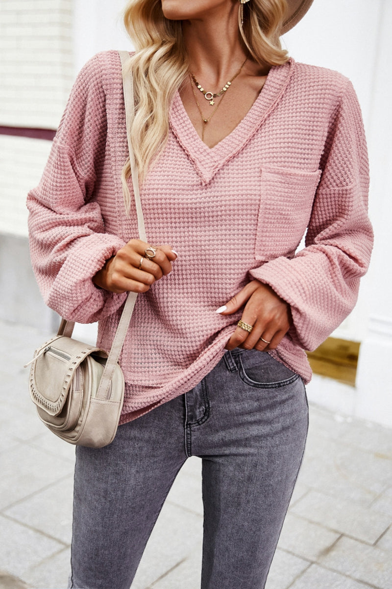Devine Waffle-Knit V-Neck Long Sleeve Top
