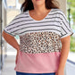 Plus Size Striped Leopard Round Neck Half Sleeve T-Shirt