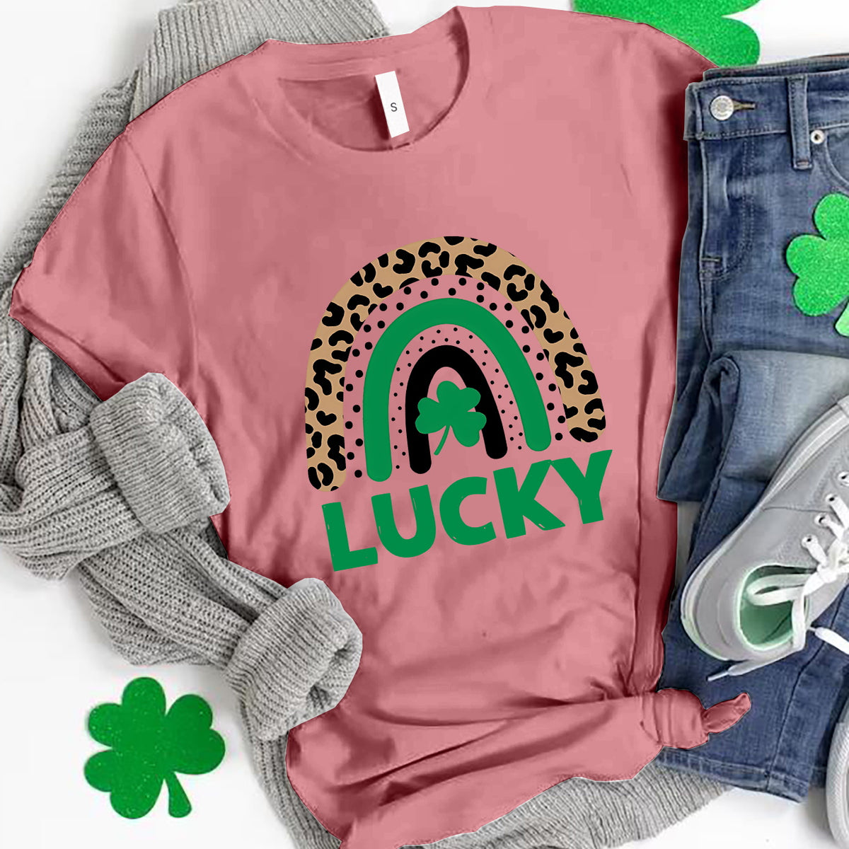 LUCKY Round Neck Short Sleeve T-Shirt Dusty Pink