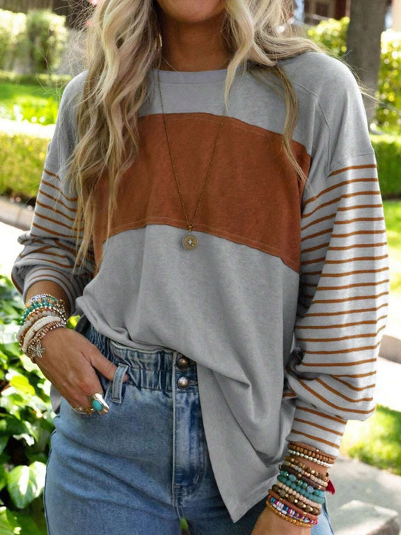 Round Neck Striped Long Sleeve Slit T-Shirt Heather Gray