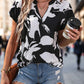 Perfee Printed Notched Short Sleeve Blouse