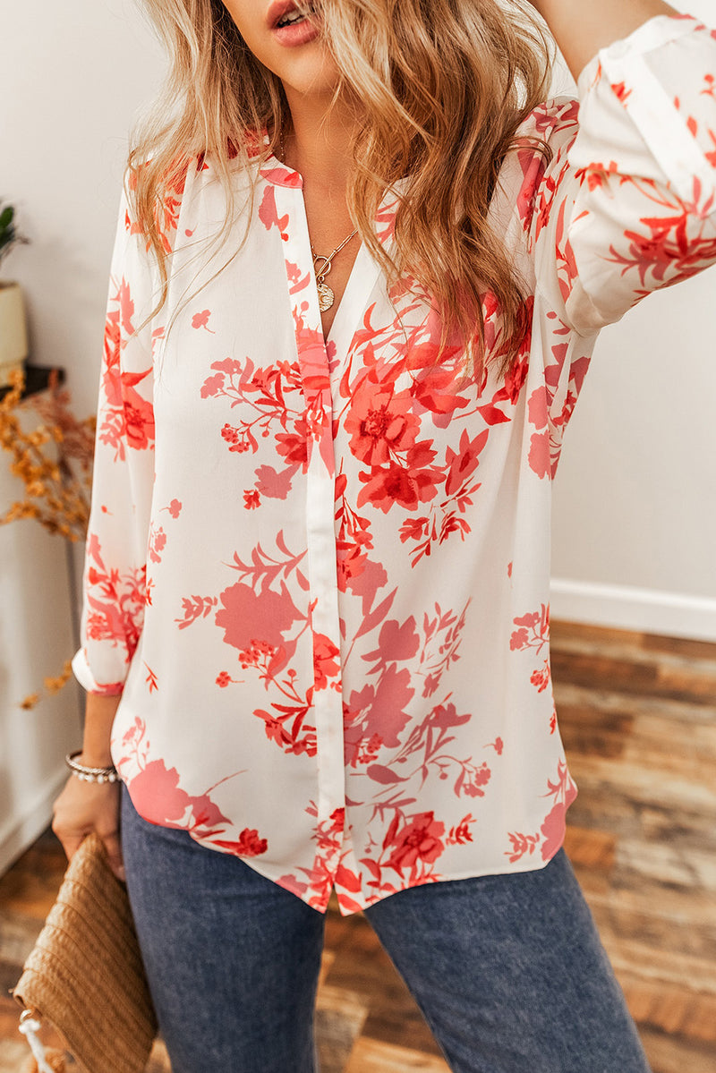 Floral Notched Long Sleeve Blouse