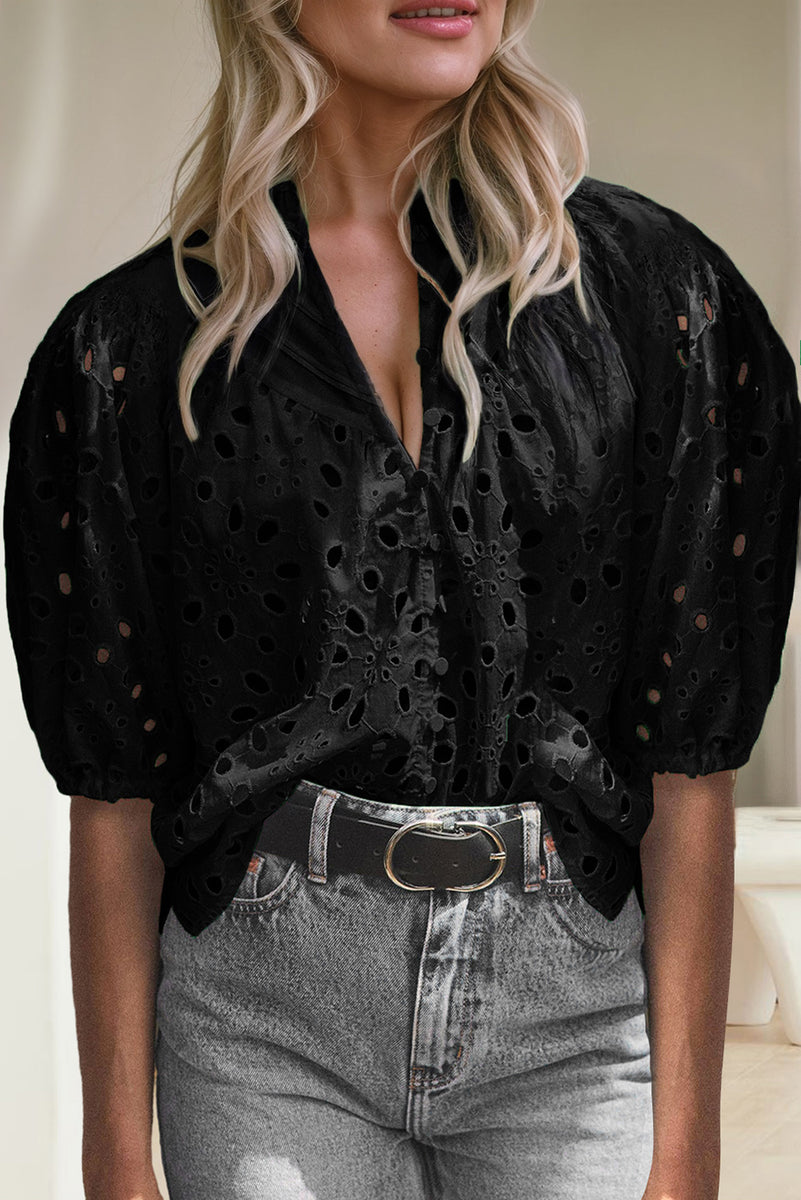 Eyelet Button Up Half Sleeve Blouse Black