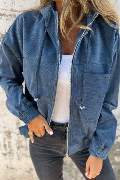 Pocketed Zip Up Long Sleeve Hooded Jacket Dusty Blue