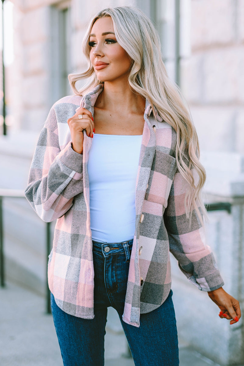 Plaid Button Up Dropped Shoulder Jacket Blush Pink