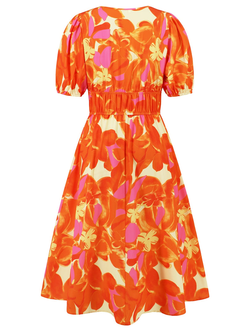 Ruched Printed Surplice Short Sleeve Dress