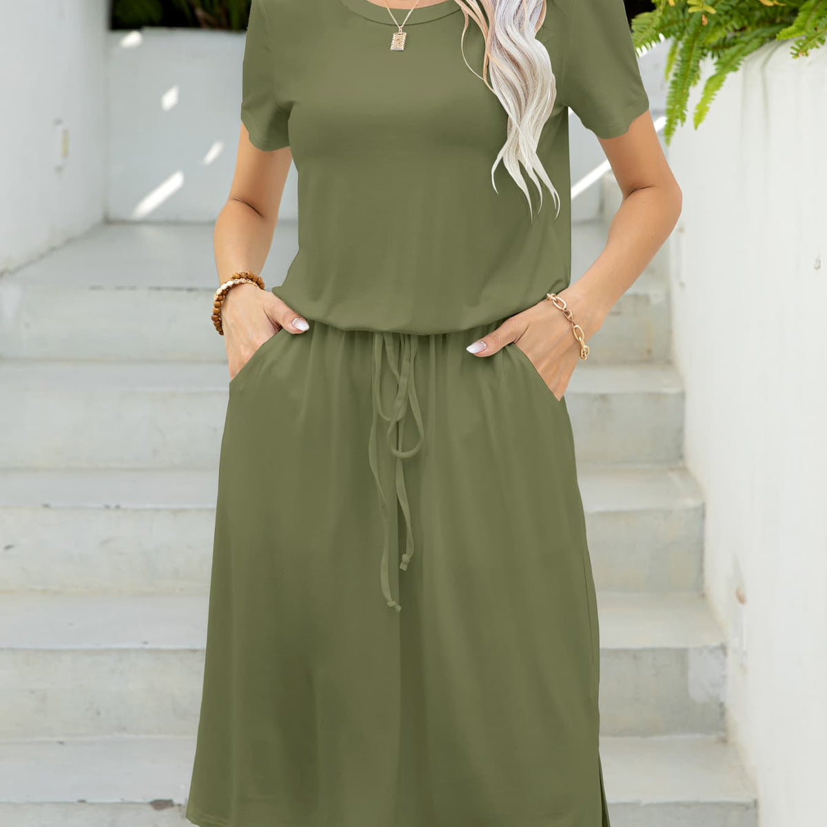 Round Neck Short Sleeve Slit Dress with Pockets Matcha Green