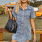 Button Up Short Sleeve Mini Denim Dress