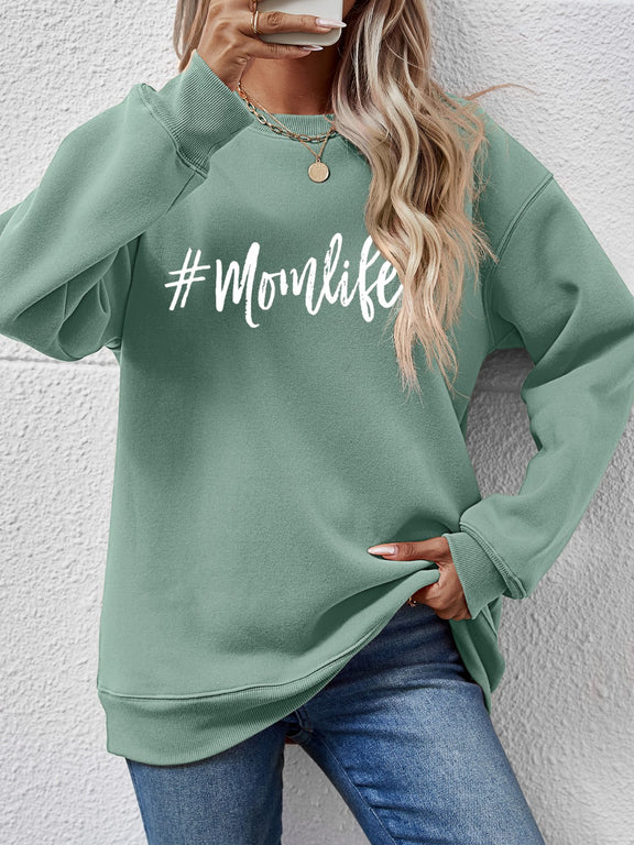 Letter Graphic Round Neck Sweatshirt Sage