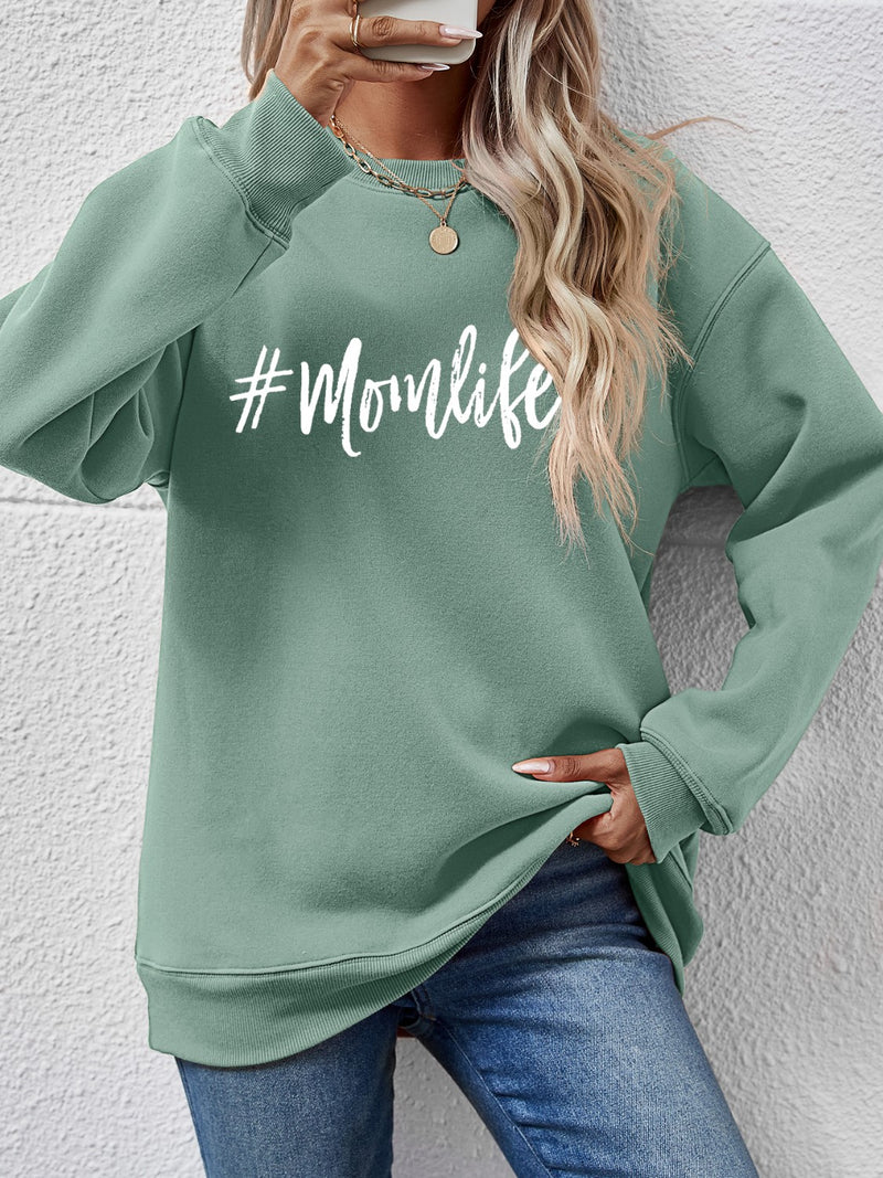 Letter Graphic Round Neck Sweatshirt Sage