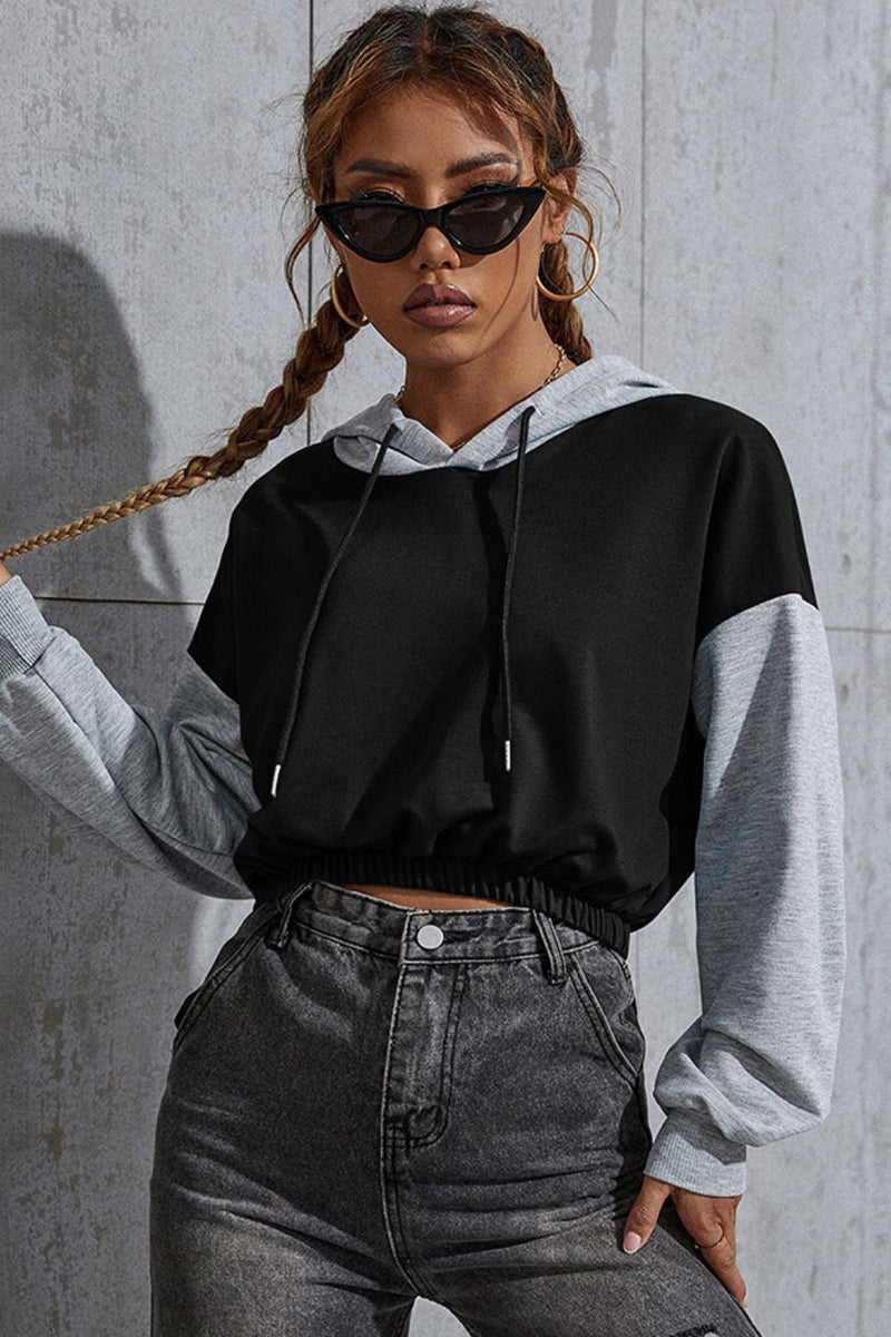Perfee Contrast Long Sleeve Cropped Hoodie Black