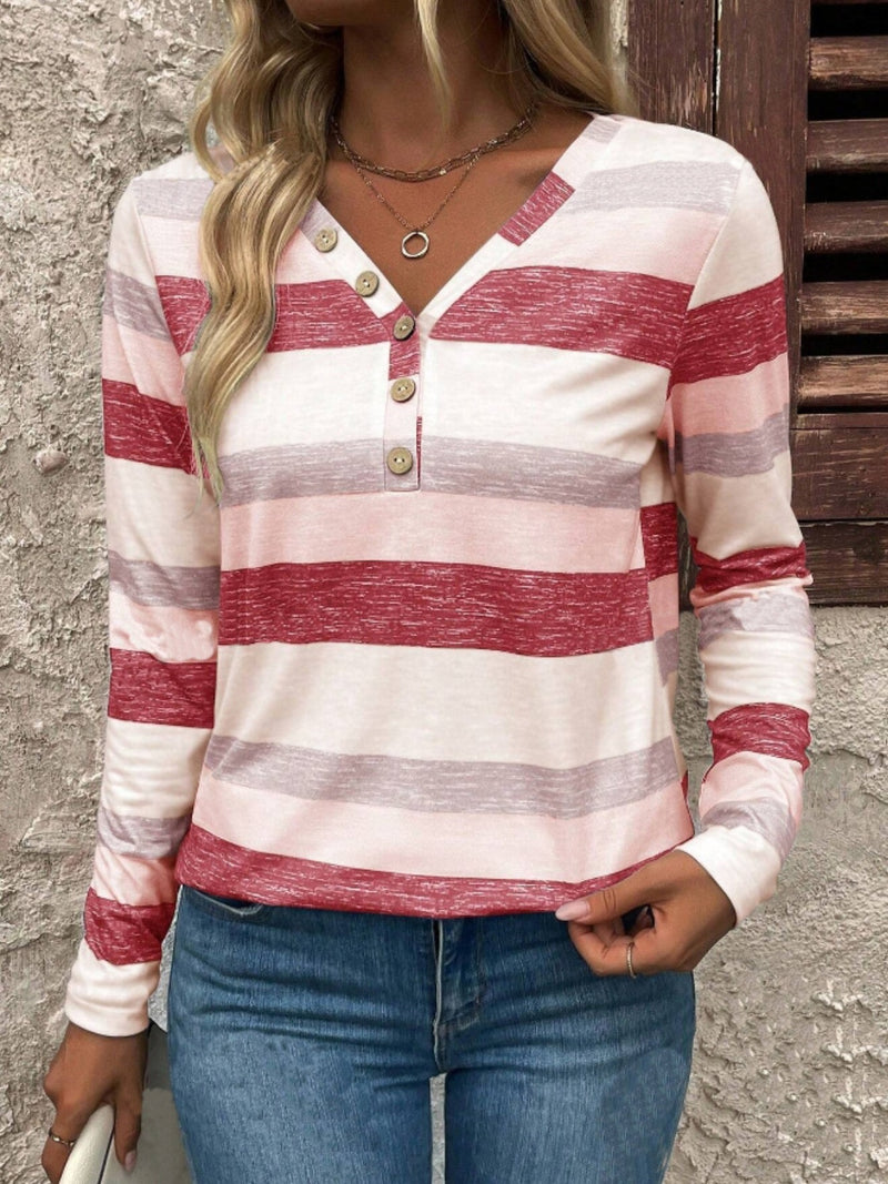 Contrast Striped V-Neck Long Sleeve T-Shirt Blush Pink