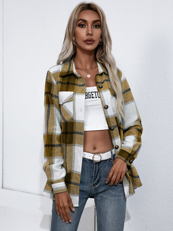 Ivy Lane Plaid Button Up Flannel Shirt Gold