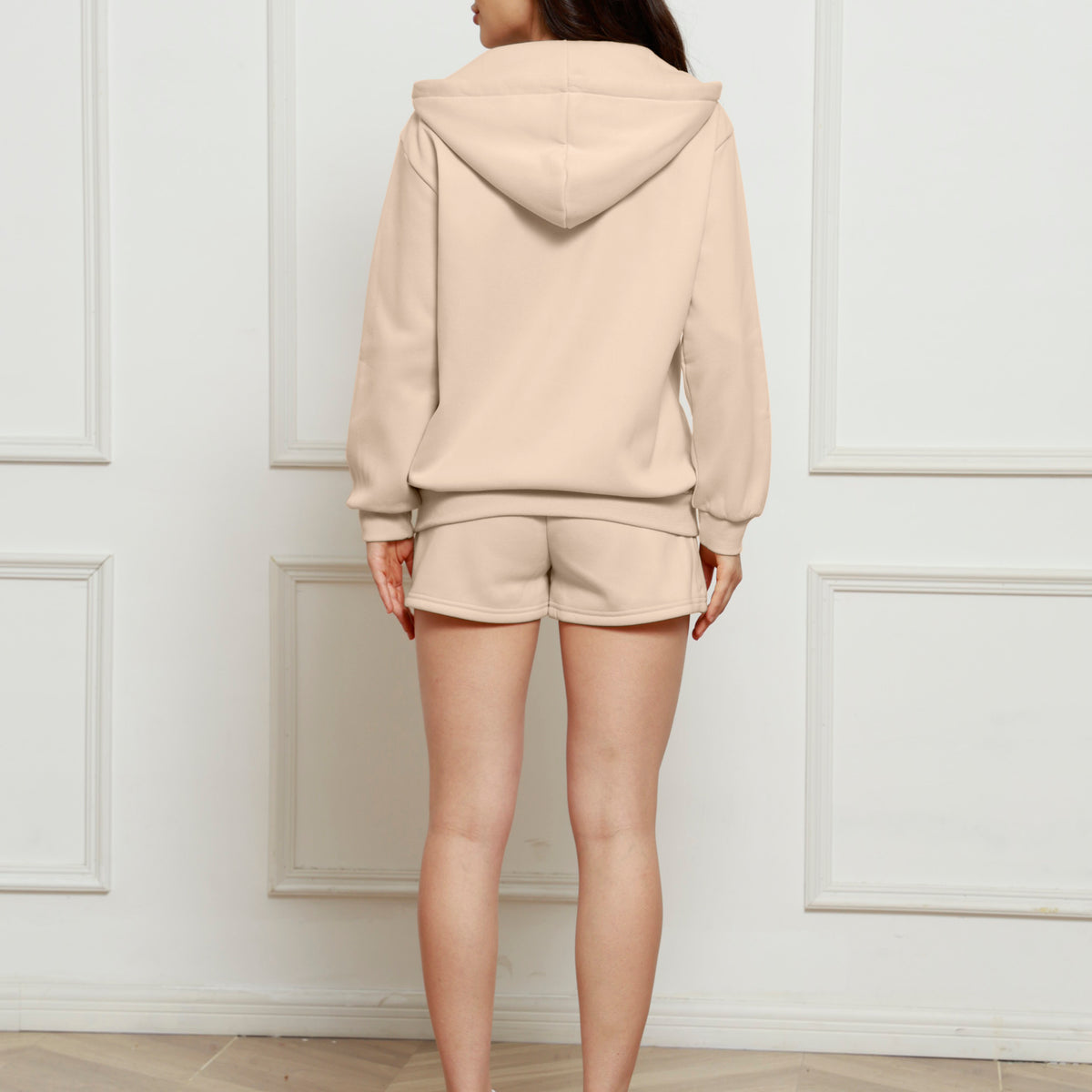 Zip Up Drawstring Hoodie and Shorts Set