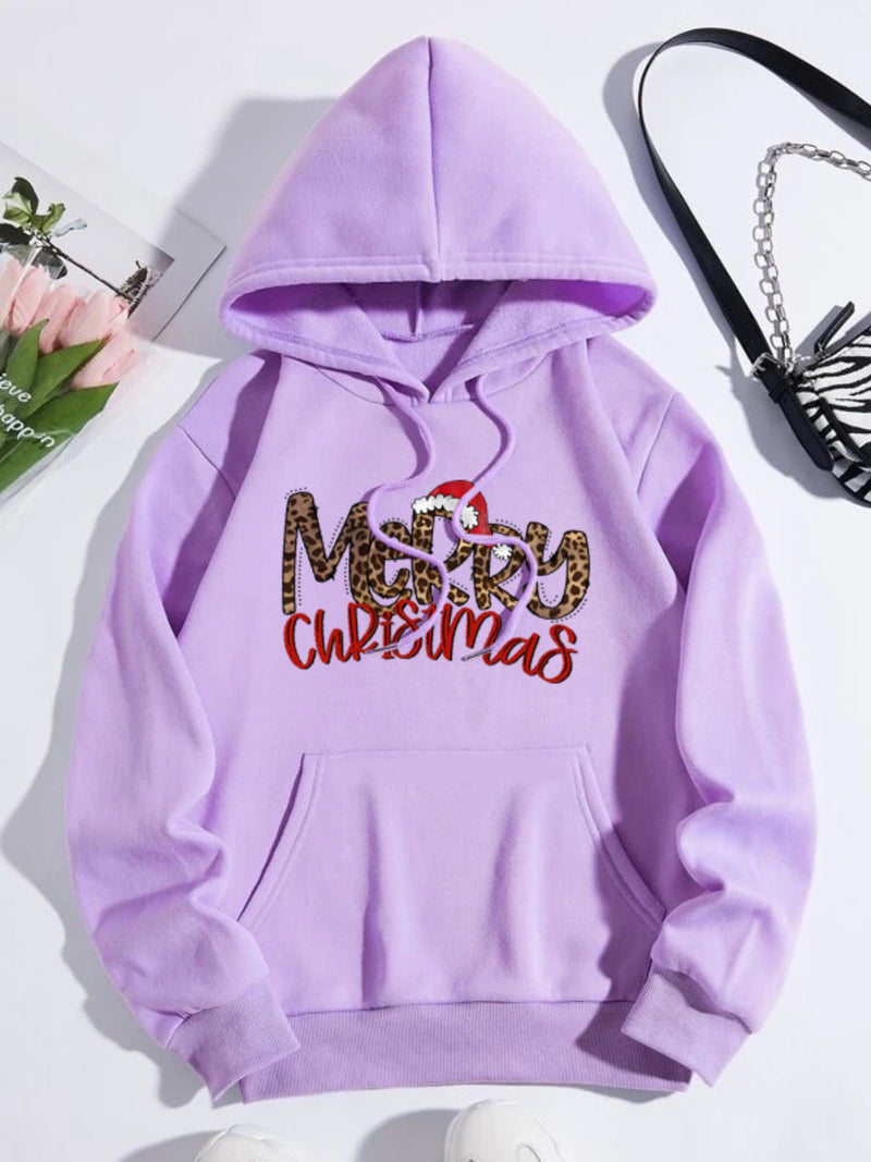 MERRY CHRISTMAS Graphic Drawstring Hoodie Lavender