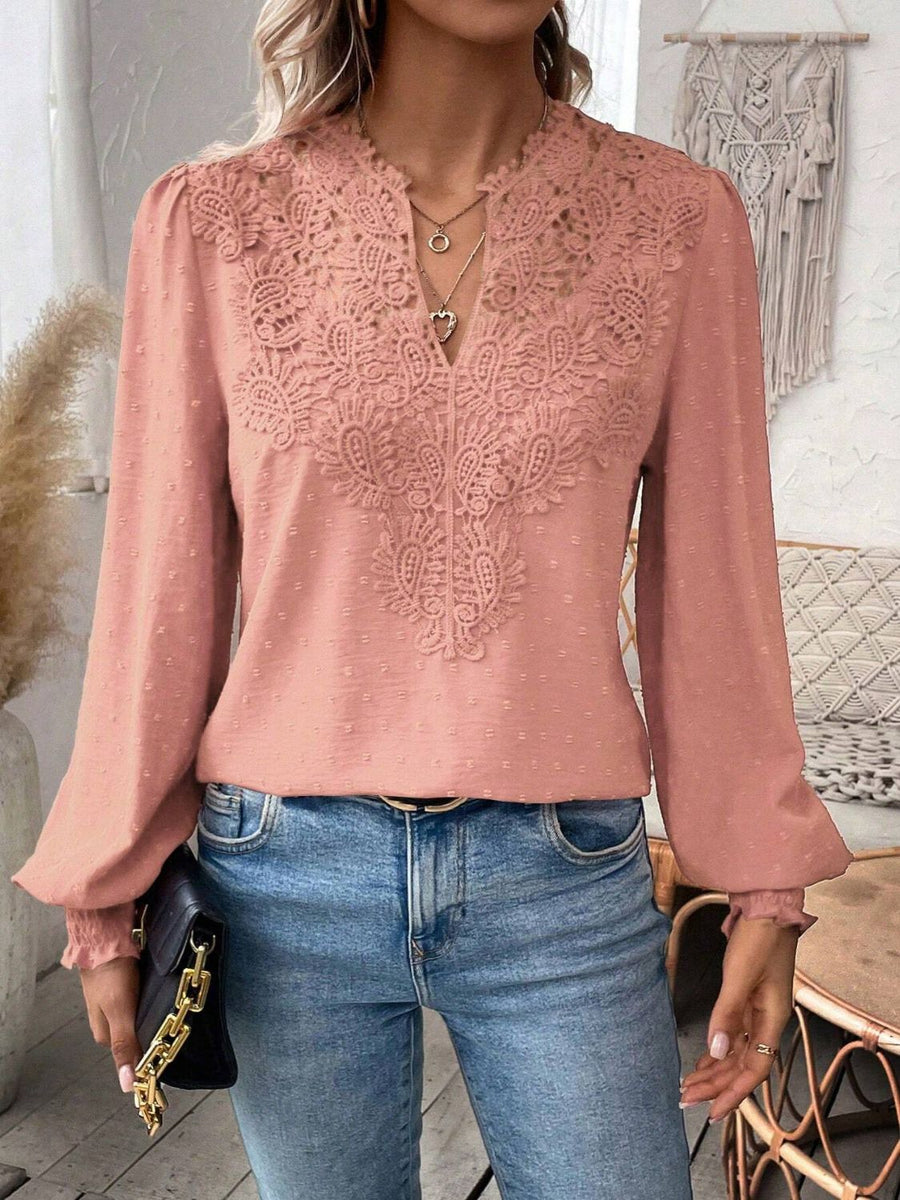 Swiss Dot Lace Detail Notched Long Sleeve Blouse Burnt Coral