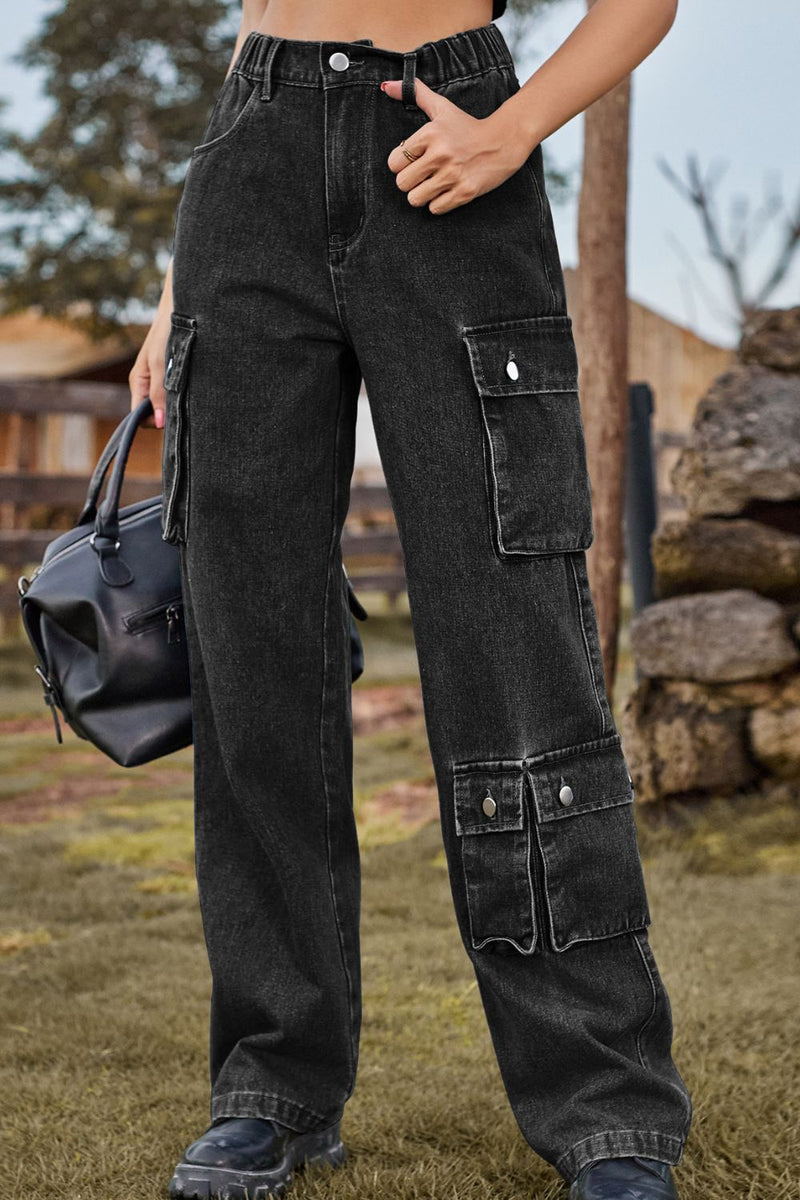 Loose Fit Long Jeans with Pockets Dark